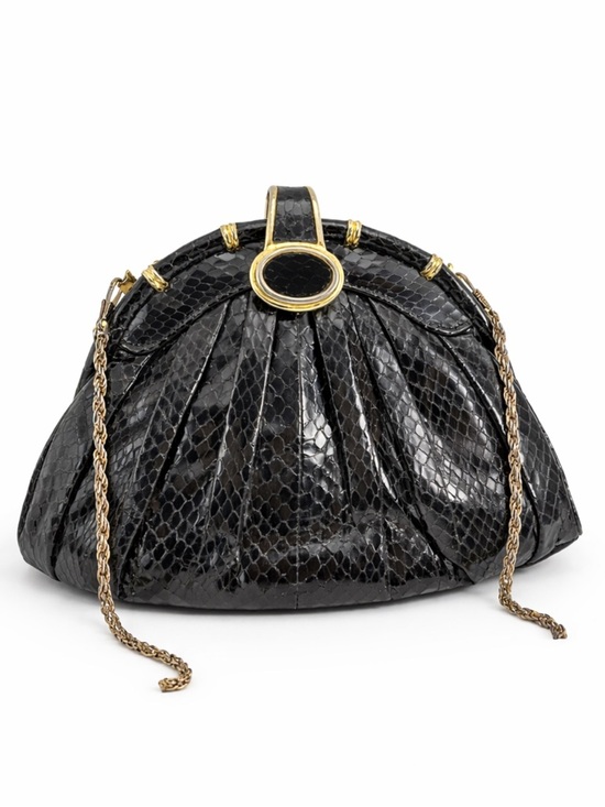 Handbags - Vintage Black Snakeskin Clutch | Gold Chain Strap | 1980s Glam